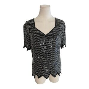 Black Sequin White Pearls Top Vintage Size L V Neck Short Sleeve Party Sparkle‎